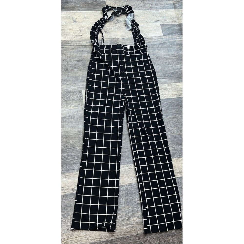 Women's Jumpsuit High Waisted Plaid Ruffle Strap Black White Block Size L